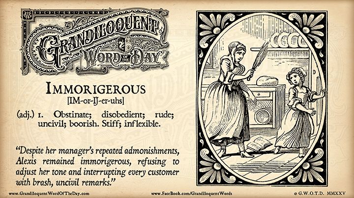Grandiloquent Word of the Day logo - Sepia-toned graphic with a baroque Victorian typeface and a woodcut illustration of a mother admonishing a disobedient little girl.