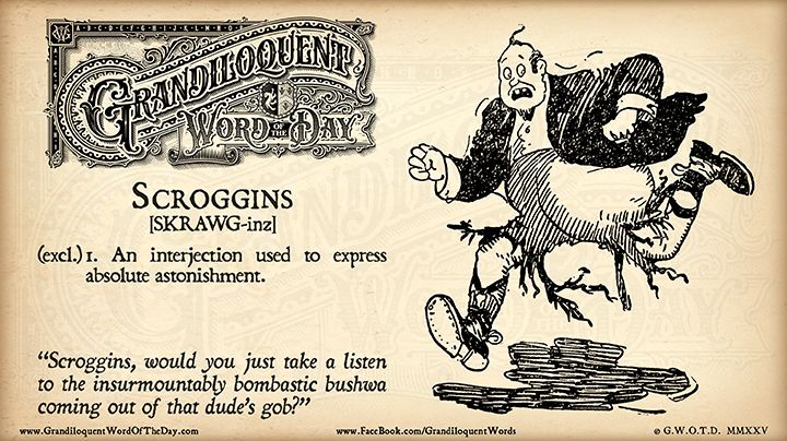 Grandiloquent Word of the Day logo - Sepia-toned graphic with a baroque Victorian typeface and a pen-and-ink illustration of a man with a look of fright upon his face frantically running away from something. His pant-legs are shredded.