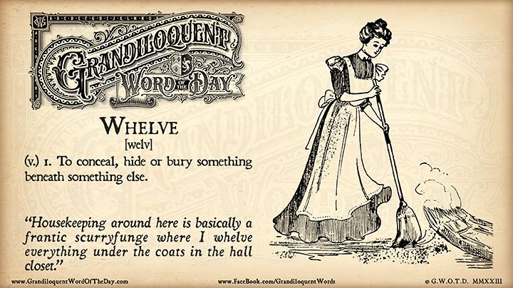 Grandiloquent Word of the Day logo - Sepia-toned graphic with a baroque Victorian typeface and a pen-and-ink illustration of a woman sweeping dirt under a rug.