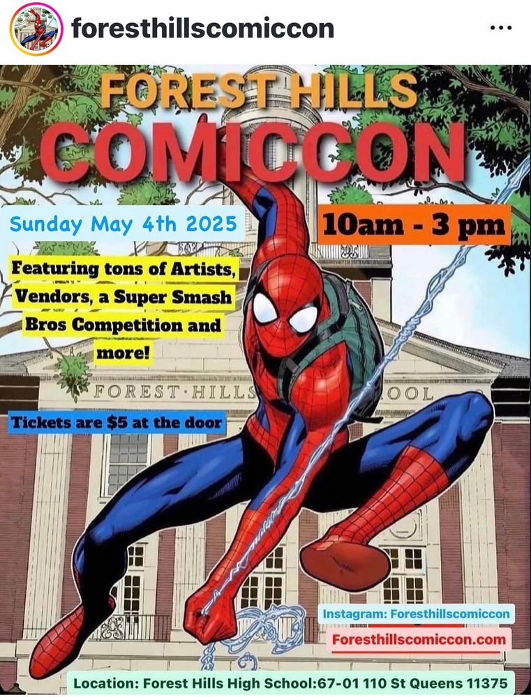 Forest Hills Comiccon poster featuring Queens native Spider-Man