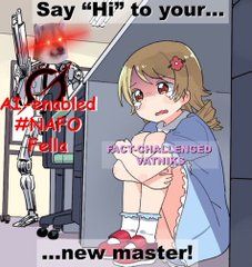 A weaponized cybernetic war bot with a NAFO dog head, labeled 