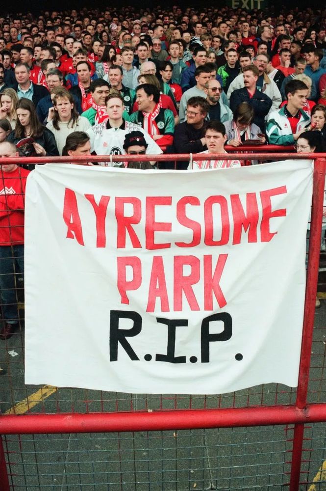 An old school bedsheet banner bids farewell to Ayresome Park as mighty Middlesbrough pla their final game at the old ground in April 1995. 