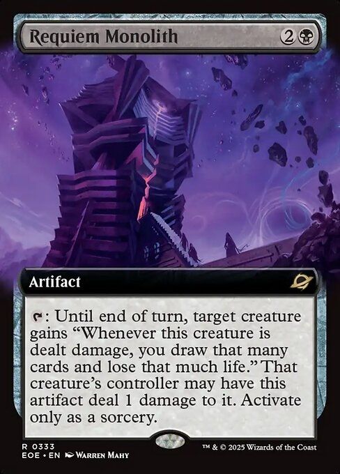 Requiem Monolith
Two and a black
Artifact

Tap: Until end of turn, target creature gains “Whenever this creature is dealt damage, you draw that many cards and lose that much life.” That creature’s controller may have this artifact deal 1 damage to it. Activate only as a sorcery.