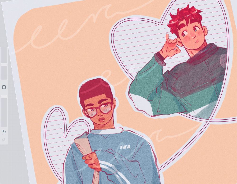 Liam in a blue sweatshirt and Ray in a green windbreaker with white stripes/accents. They’re not facing each other but thinking about one another while blushing. Big hearts in the background. 