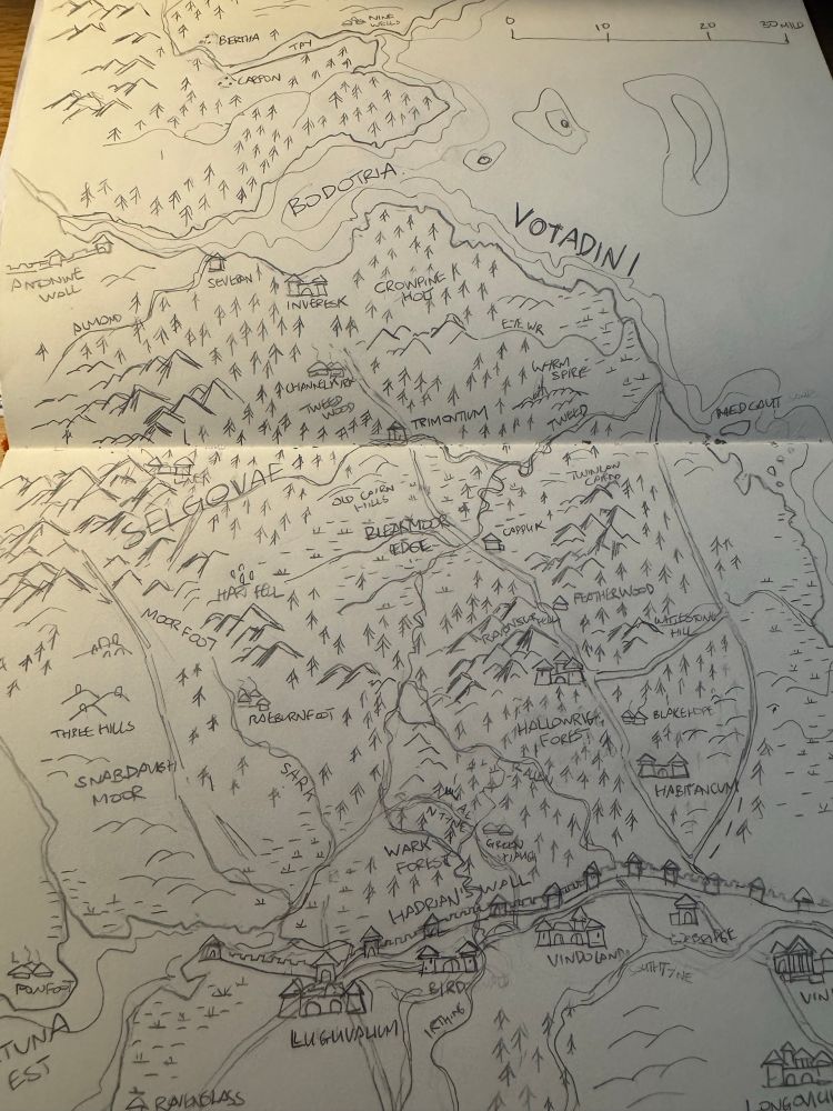 Photo of a page in my sketchbook showing a regional map for my Roman Britain Cthulhu game. 