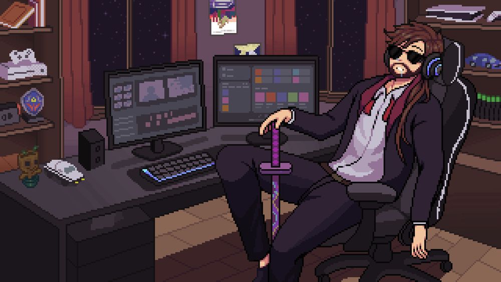 A man at a computer desk sleeping tired with a suit and tie at and a katana between his legs