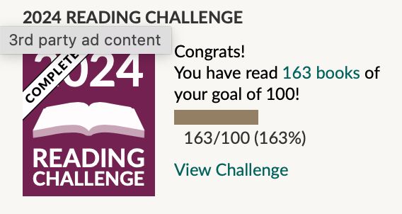 A screenshot of the goodreads reading challenge. It says congrats you’ve read 163 books of your goal of 100. And 163/100.
