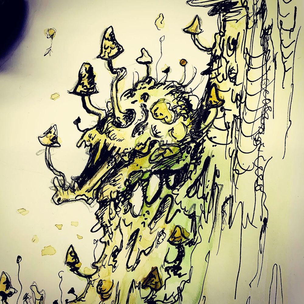 A corpse becoming one with the fungus and the tree. chinese ink drawing and watercolor.