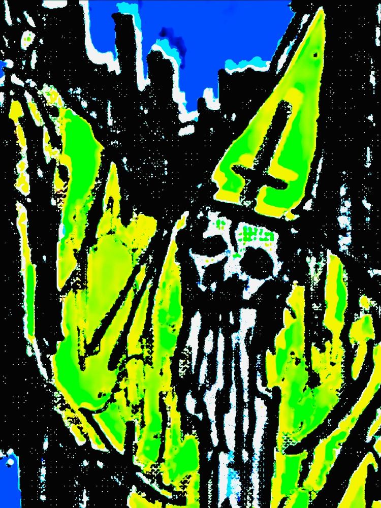 A skull faced wizard in the city by night. Ready to cast his spell. Heavily edited pencil drawing.
