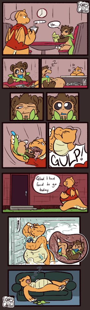 Hymin takes ages to order in the diner, finally ordering its now well after the diner has closed, and Tarragon has had to stay behind to wait for the Chespin to leave. In no hurry for them to leave the dragonite glomps and swallows them down. Getting out and having a meal.