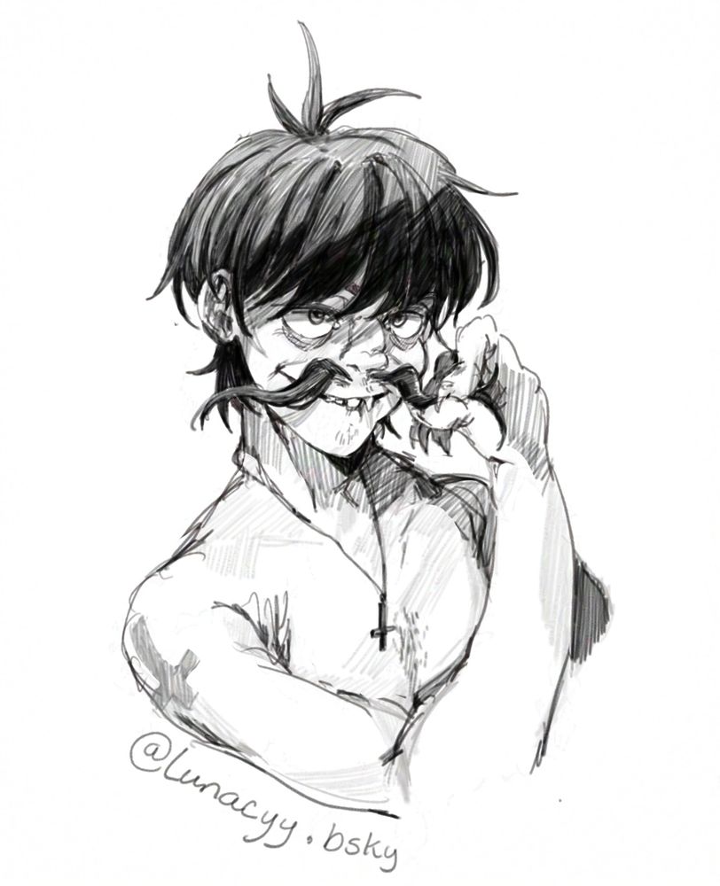 Murdoc of the virtual band Gorillaz twirls a fake mustache between his fingers, looking devious. He's probably plotting something.