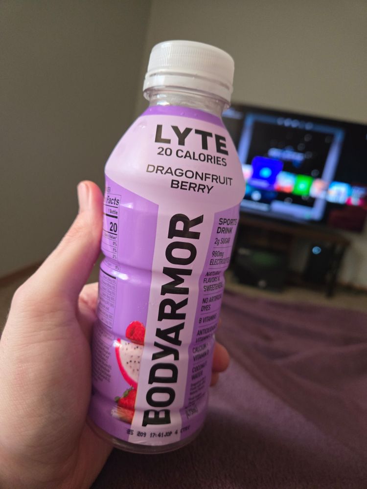 A bottle of dragonfruit berry flavor Body Armor. 