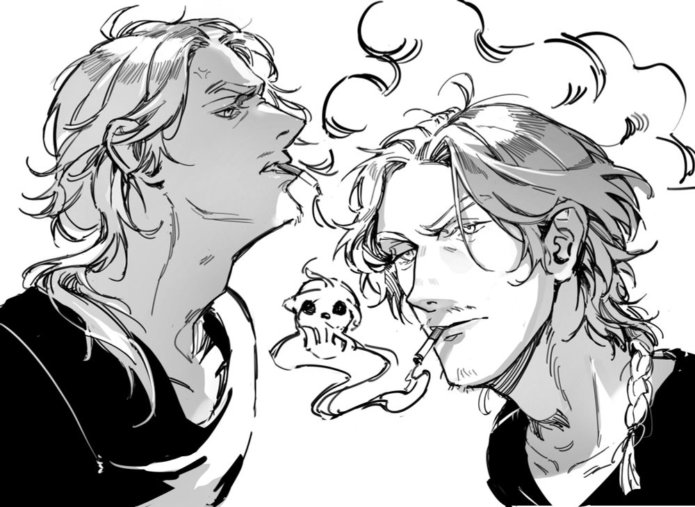 Sketch spread of Amos’ redesign. There’s a sketch on the left and right of the page. 
Amos has a blonde, messy “jellyfish-like” mullet. The sketch in the right has the hair styled into a rat tail braid. The left sketch shows it unbraided. He has medium angry brows, large nose, and a bit of stubble. He’s smoking cigarettes. The right sketch has the smoke form into a skull. The left sketch shows Amos blowing a plume of smoke out. 

Some fun facts: 

He’s smokes more when he’s feeling impulsive, but he really is trying to quit, he claims. 
He’s a bit of an edgy, angry, repressed asshole that seems to like getting into trouble and doesn’t appear to understand his own emotions very well or have much control over them. 
He would call you a slur (but its projection lmao)