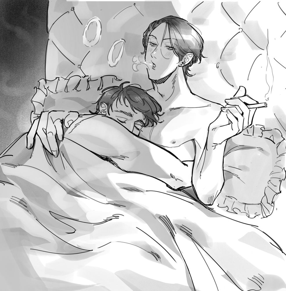 Gedeon (bottom) and Eros (top) cuddling after some fun together. The smell of tobacco and sex helps Gedeon drift off to sleep peacefully in his lover’s arms. 