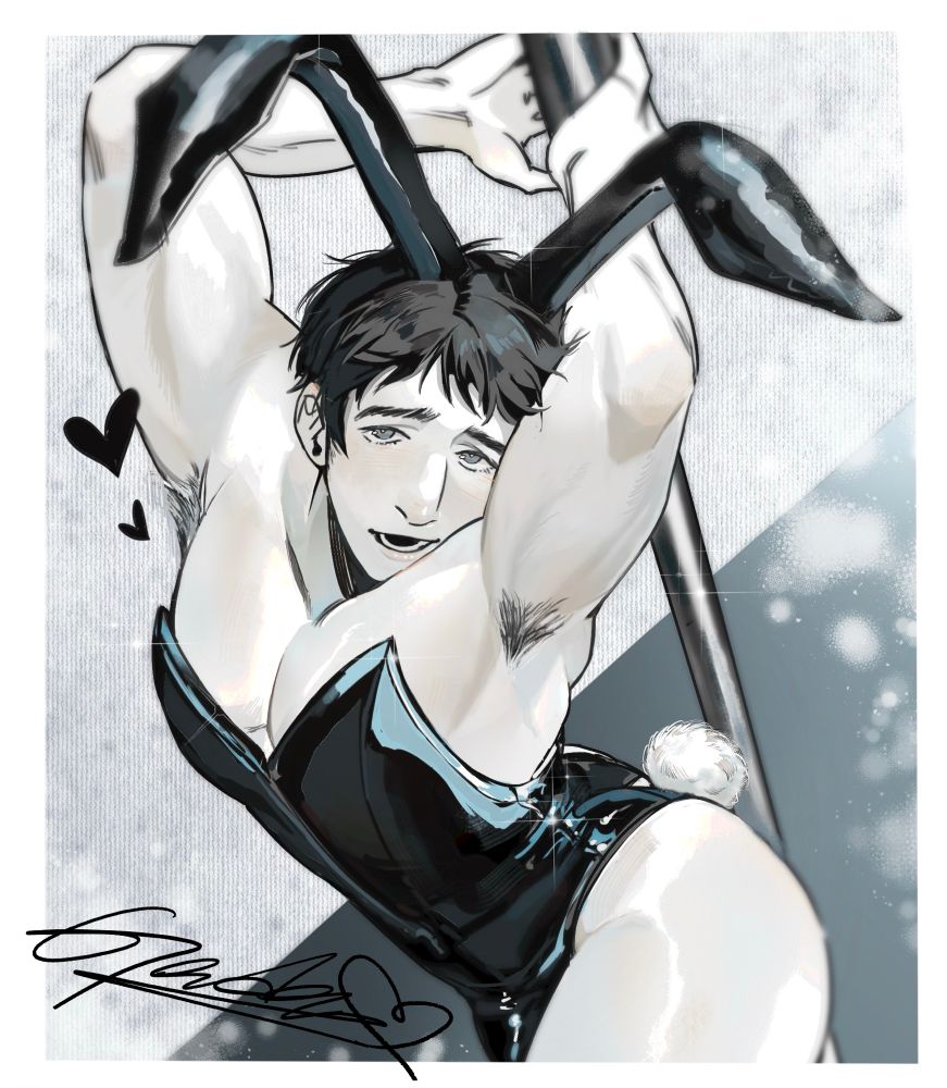 My OC Gedeon in a latex bunny outfit. He’s prancing on stage around a stripper pole with his hands over his head holding onto the pole behind him. The illustration has a white border to accentuate the postcard feel. Gedeon’s signature is in the lower left corner with a heart at the end of it. Hey that fluffy tail is a little lower than it should be… 