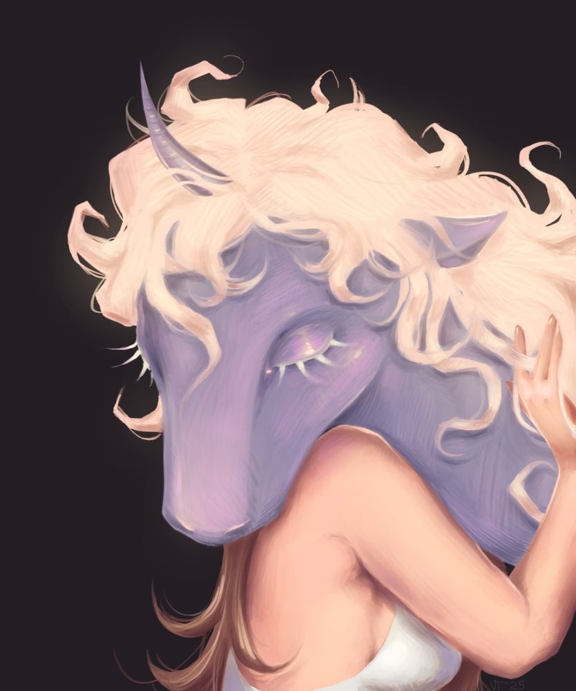 Digital painting of a unicorn and a lady