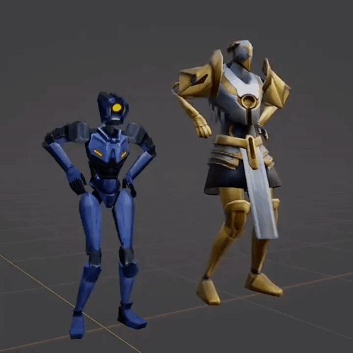 a blue robot stands next to a gold robot