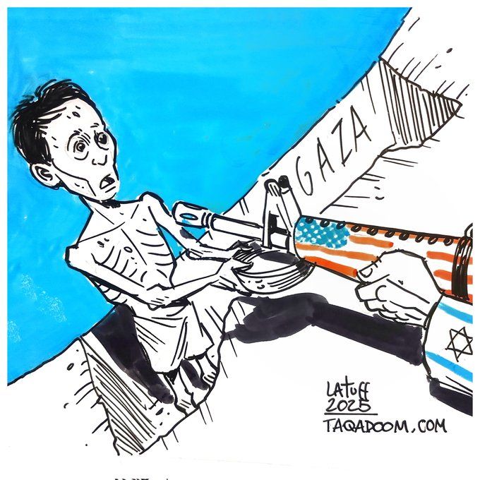 a political cartoon by Carlos Latuff depicting an Israeli soldier wielding an American made M16 pointing it directly at a malnourished Gazan child begging for food.