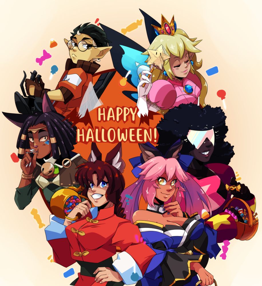 The members of Free Company Dungeon Crawling And Chill in halloween costumes, arrayed around a pumpkin-colored circle with the words “Happy Halloween!” as candy-shapes confetti falls.  Clockwise from top right, these are: Siobhan Greenwood as Princess Peach Toadstool, Alesha Herezhade as Garnet from Steven Universe, Ace Striker as the Fate/Extra Tamamo no Mae, Deedee Yeowoo as Ranma Saotome, Sekhmet Clanclan as their namesake Aesha from Outlaw Star, and Hikaru Aozora and vehicle as Kim Kitsuragi and his Coupre Kineema from Disco Elysium.

All credit to MakioKuta for this fantastic promo image.