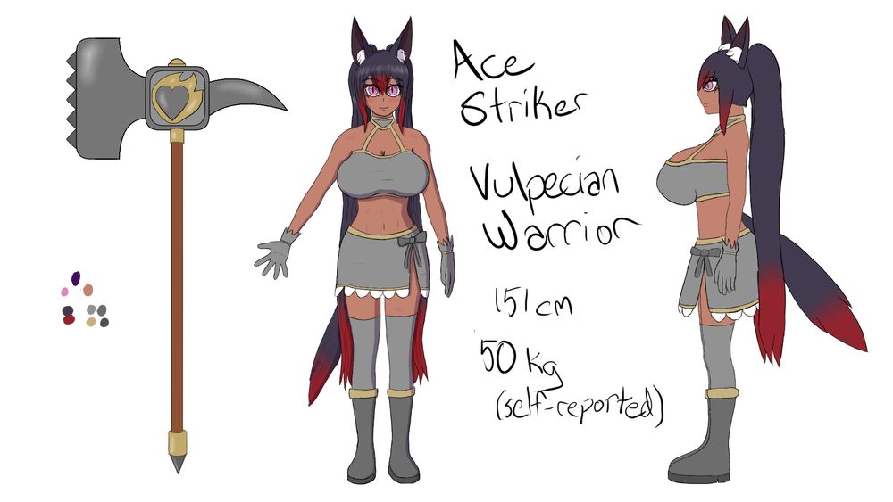 A drawing by FoxHana, Ace’s oroginal player and writer, of the girl herself and one of her weapons, in civilian clothes.