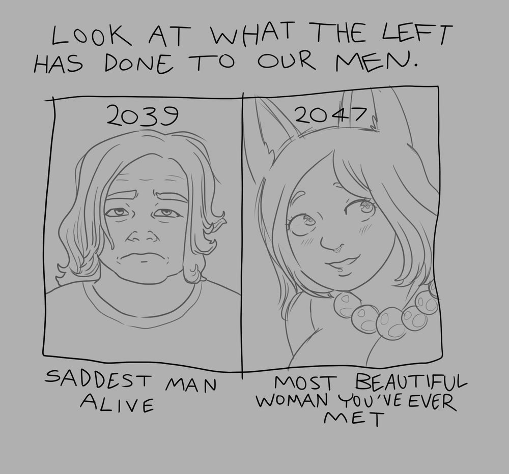 The “look at what the left has done to our men” meme with the dates altered to be in line with Wonders of Mundus: 2039 features “saddest man alive” Jake Kim-Michaels, while 2047 sees them transformed into Deedee Yeowoo, the protagonist and “most beautiful woman you’ve ever met.” Art by pasteldaemon.