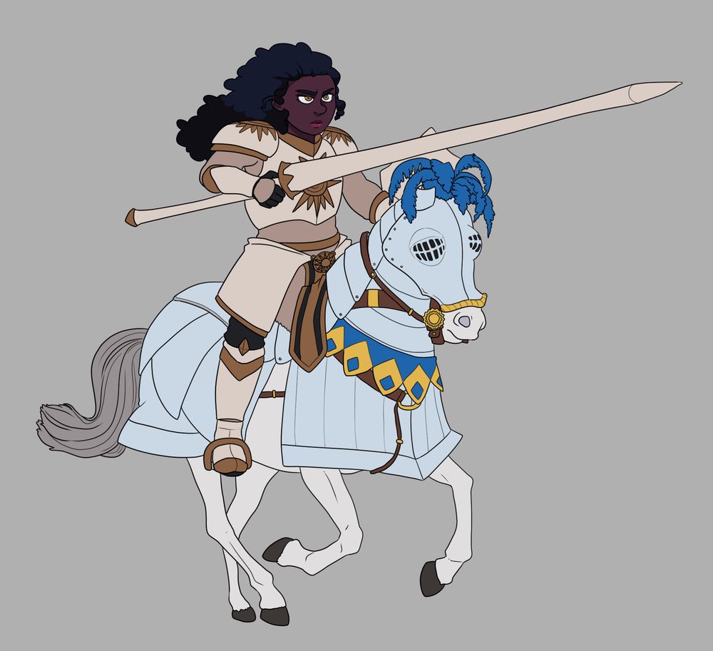 Alesha, a Black female knight in shining golden and white armor, rides a horse barded in blue and gold armor into battle.