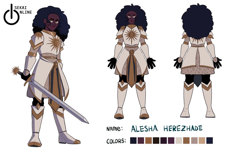 Turnaround of fearless leader Alesha Herezhade, Paladin of the goddess Aurora, who is not happy about her daughter also being online when she woke up like this and wants to find her and escape back to Earth with her.  A beautiful elegant Black knight in shining armor with a weakness for rescuing damsels in distress (Deedee hopes she's damsels.)