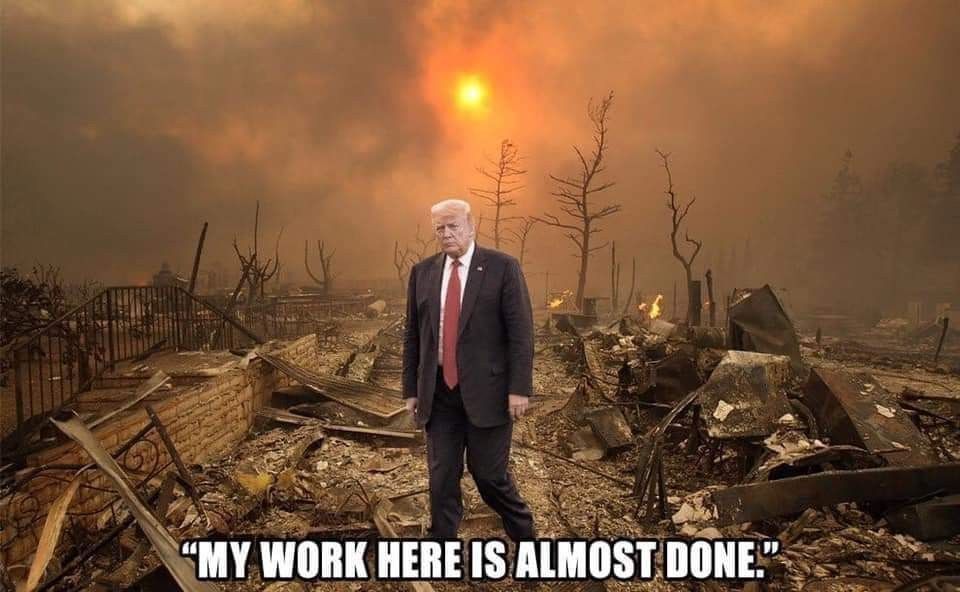 Trump walking away from a hellish fire that he created. My work here is almost done. 