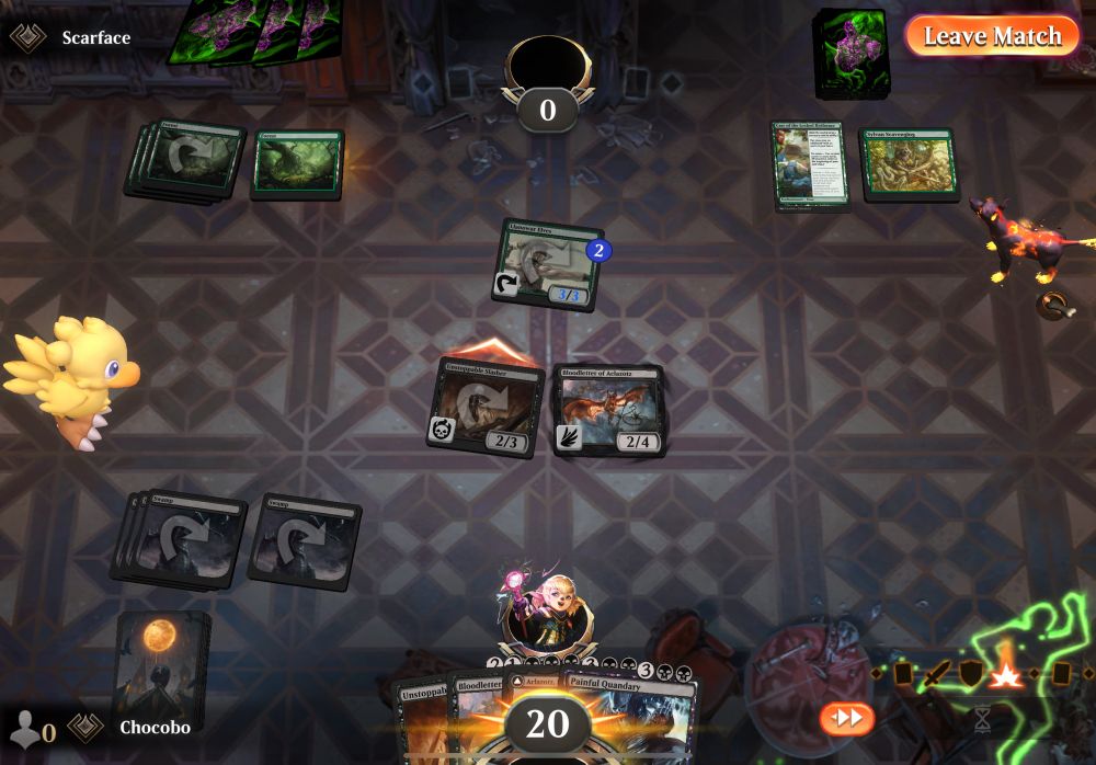 Magic the Gathering online game battlefield layout, showing my epic win on the 4th turn. 20 to 0 