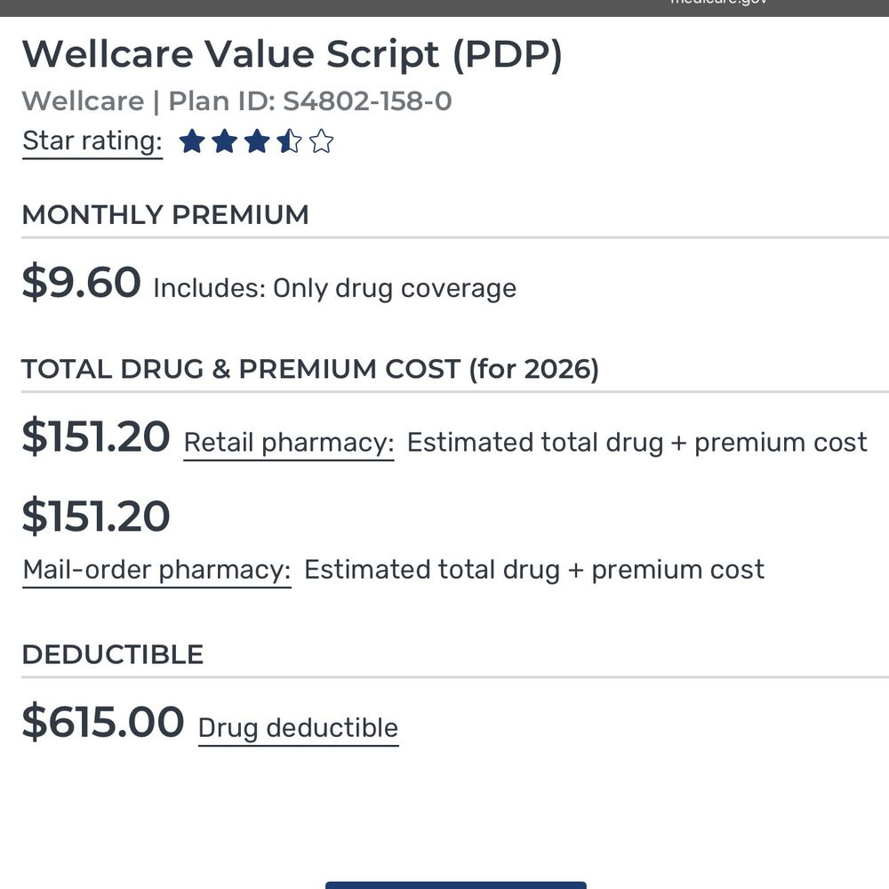 2026 $151.20 year premium plus drug cost. 