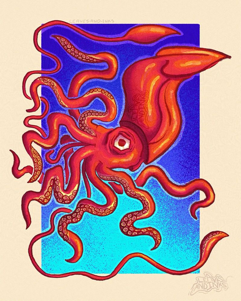 A saturated, wonky red giant squid on a blue gradient rectangle on a cream colored background. It faces left with its tentacles, which curl every which way. It’s two longer tentacles frame in the top and bottom of the square. the squid looks out with one eye, and its body bends in an unnatural position. 