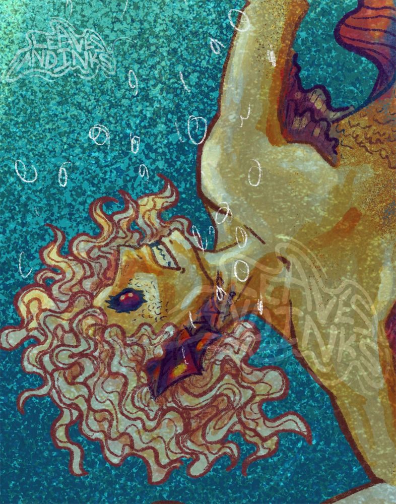Close up on the merfolk character’s face. It crops at the elbow ditch of both arms. 