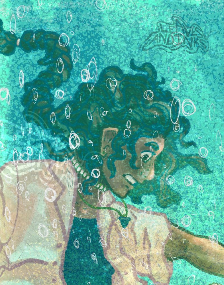 Close up on the previously described human character. It focuses on her face, cropping out her whole right arm and midway down the forearm of the left one. Details such as bubbles and her necklace, a shark tooth, are more apparent. 