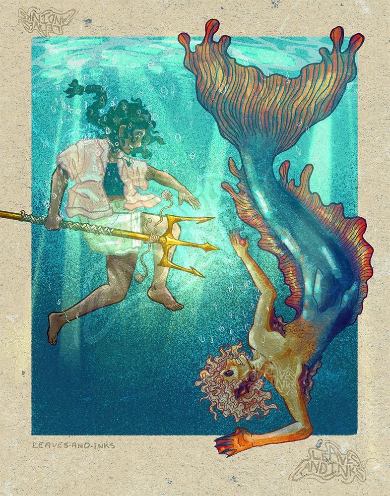 Digital Illustration of two people swimming; one human, the other merfolk. The ocean background is only a rectangle, the rest of the page having an off-white, textured paper border. The charcters overlap the ocean background, and the pieces that arent in that smaller rectangle are more vibrant instead of looking as if they are underwater. The human character, a girl with a long, dark brown braid, is on the left hand side floating slightly above with a surprised expression. She has brown toned skin, a nose piercing, an anklet, and shark tooth necklace. She is wearing clothes: A dark crop top, and lightly colored shorts and open, button up shirt. In her right hand, closer to her side, she is holding a golden, glowing trident with rope around the middle. She looks down at the merperson, who turns from a dive to look up at her. They have a fearful cringe on their face, looking up at the human. They have light colored, loose medium length hair, a frilly tail, and frills in their armpits and along the sides of their tail. Their skintone at their torso is lighter, while the tail fades to dark. One arm os gathered underneath them, while the other is extended at their side. They have shiny, dark eyes with no pupils that are a similar color to the fins where their ears would be.