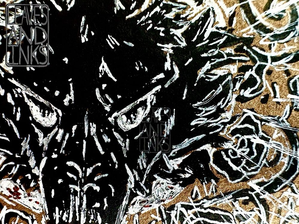 Zoom on the eyes of the wolf. Details around the pupil are more apparent, along with fur and scrunch lines on the snout. Some of the roses and vines are visible to the right side. The crop cuts off at the base of its ears, right before its nose, and the fur on the right side of its face.