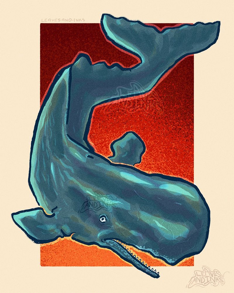 Digital Illustration of a teal sperm whale with a red to orange gradient rectangle behind it, on a cream-colored background. The whale bends in an unnatural way. its eye wide and mouth opened. Its head faces right, its body making a “c” shape up to the tail, which bends upwards instead. the whale has scarring around its mouth and snout.