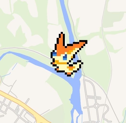 Victini pixelart en la afluencia entre dos rios google maps, en el wplace