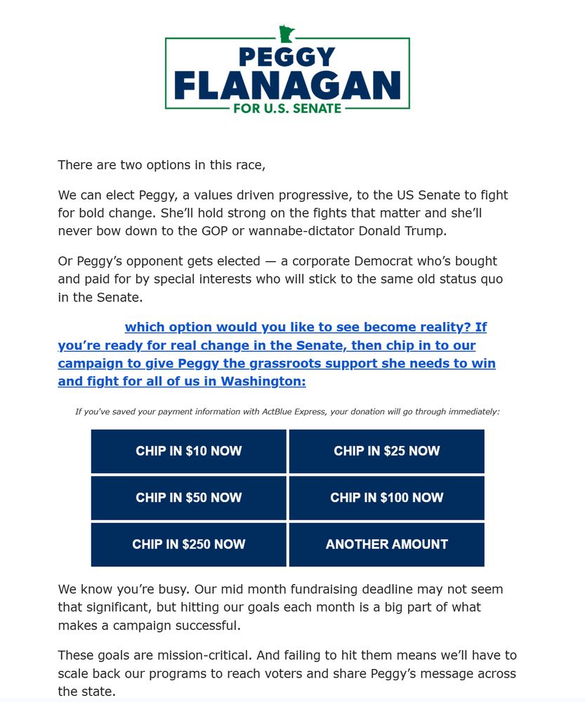 Fundraising email from Peggy Flanagan. Mentions that her opponent is a corporate democrat strongly implied to be Angie Craig.