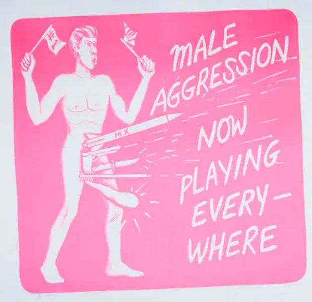Image of naked man, holding little flags, with armaments coming from his crotch, clubs, knives, misses, in a penis-like fashion 