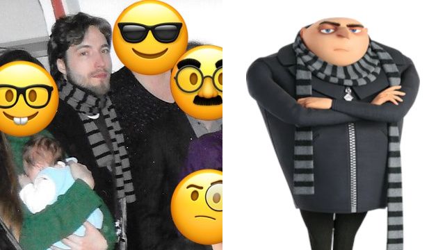 Gegenüberstellung von einem Foto von mir (Christian Huberts) und dem Charakter »Gru« aus dem Animationsfilm »Despicable Me«. Wir sehen fast identisch aus (mit schwarzer Jacke und schwarz-grau gestreiftem Schal).