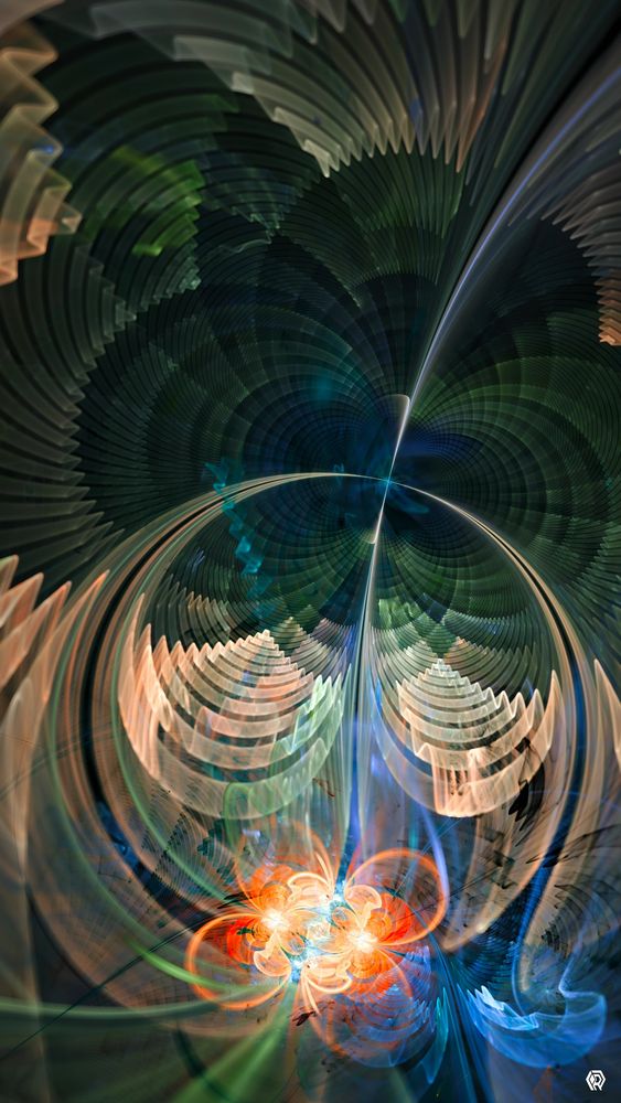 This fractal render is vertically oriented. A small nest of buzzing orange ribbons make a cluster at the bottom of the image. Whipping out from there, most of the background is made up of tightly packed curved lines in big architectural arcs, splaying out in a kind of clover pattern. Two axis lines cut through the composition, one in a neat circle taking up the bottom half with the nest at the bottom. The other shoots up perpendicular, rocketing out of the nest and of to the upper right. The design feels technical and energetic.