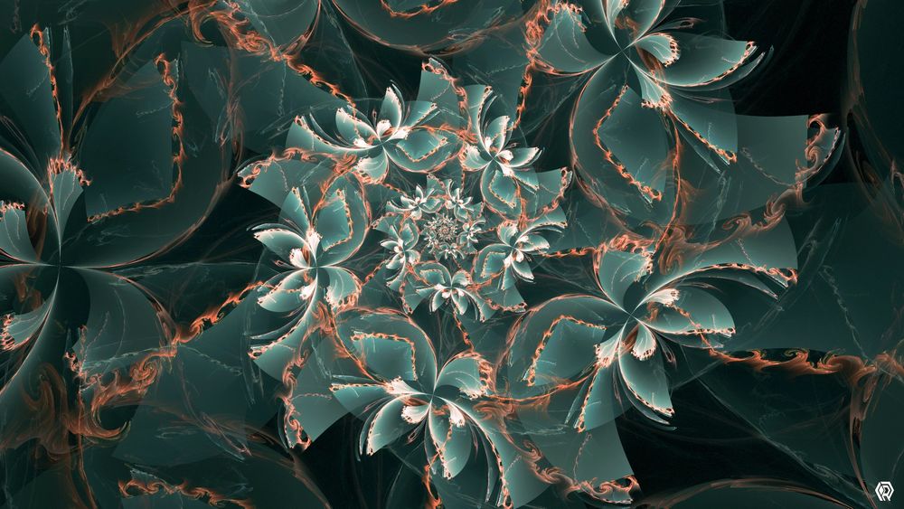 This fractal design features a spiraling chain of flower shapes made of pale green petals and a simmering orange fringe. It evokes the appearance of succulents in the moonlight.