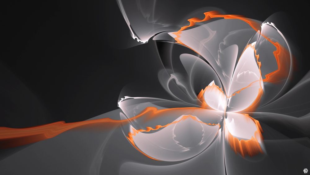 This fractal is mostly shades of grey, carving out smooth flowing shapes in a butterfly pattern. But a vivid orange races around the flower shape, dancing along the edges of the petals like curls of smoke. The stark contrast and almost fisheye perspective give the composition a feeling of speed and motion.
