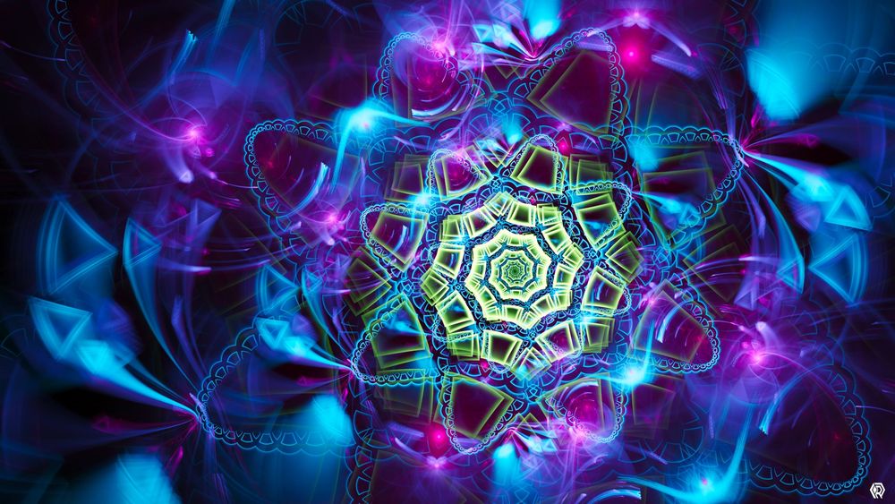 This fractal design features a lumpy, spiral shape. The border of the spiral is a repeating pattern of blue curves stacked in large arches that stick out of the shape like bumps. The bumps are filled in with a neon assortment of blue, pink and purple, but as the spiral tightens in towards the center it takes on an electric green. At various angles, triangle shapes appear to be flung out by the spiral, leaving streaks behind them. The design feels like the light show at a dance party.