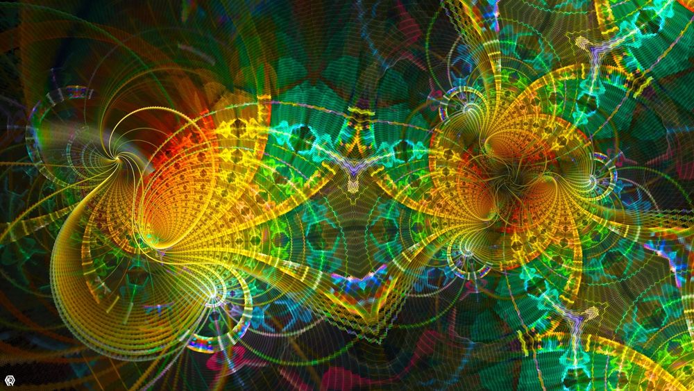 This design is very abstract. There are focal points on each side with orange centers that radiate a gradient through yellow to green. The focal point on the right has three way symmetry, and looks sort of like a flower with only three petals. The focal point on the left uses similar curves, but without the three way symmetry. Instead it looks sorta like an S curve. From each focal point, bands extend out to create a very distorted grid pattern. Along each band a is a line of hexagonal holes. Looking close, all the line work in the piece is actually small squiggly shapes tightly packed together, giving the composition a vibrating feel. Overall, it feels busy, colorful, and surreal, but doesn't really resemble any every day thing.