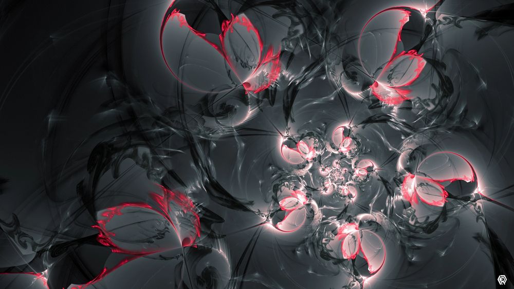 This fractal design features a spiral of abstract flower shapes, like christmas lights on a strand. The flowers are outlined with a zing of bright pink, fiery energy, but the res of the composition is shades of gray. It evokes the feeling of lanterns on a summer night, or cherry blossoms blowing in the wind.