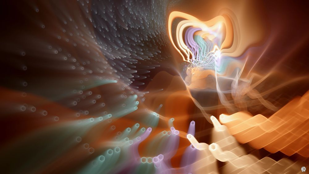 This fractal design has a bright, glowing focal point up and to the right of center. There, many tightly packed ribbons of yellow, purple, and blue make a chaotic knot. Extending out from that in gentle waves is an orange, cloudy background, as though catching sight of the sun through a tunnel of clouds. Along the waves of the clouds, small hexagons race along squiggly paths towards the "sun", leaving glowing trails behind them in the same colors as the sun's ribbons. The design evokes the feeling of flying through the clouds, but in a slow, sunbaked way.