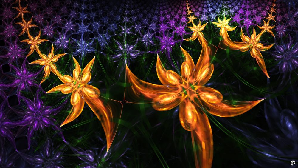 This fractal design is a warped grid of flower shapes, most of which are purple and blue, hanging like a rippled curtain. But a bold line of large flowers cuts through the middle like a swooshing necklace, in vivid orange that dominates the composition. It evokes feelings of neon dancers, twilight fields, and warm lights on a summer beach at night.
