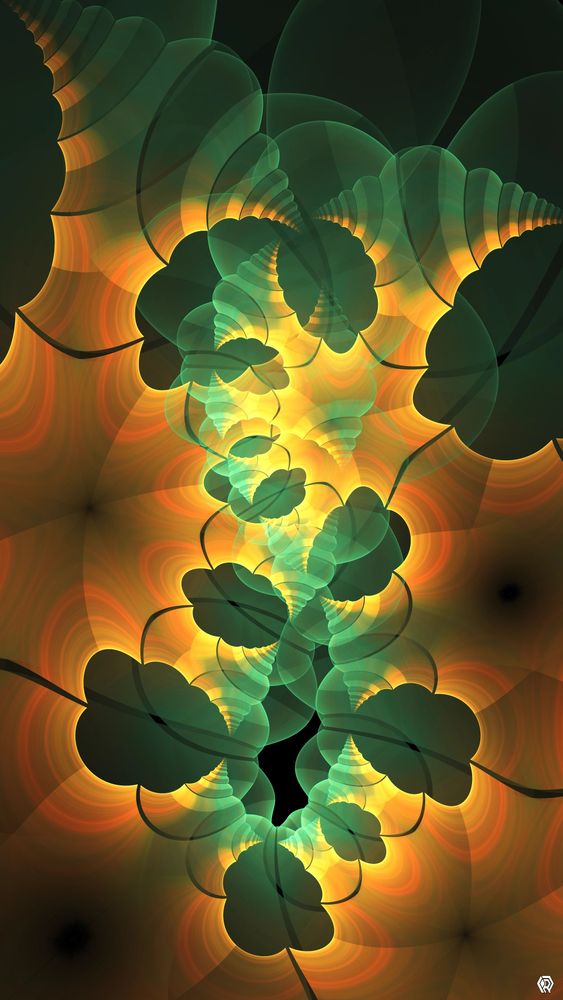 This fractal render is in vertical orientation, and depicts cloudy shapes of green and orange mixing together. Parts of each cloud shape look kinda like alien heads with telescoping eye stalks jutting out to either side. The composition feels calm, like watching the clouds on a summer evening, but with a tinge of surreal paranoia. Your mind feels like there's something more to what you're seeing, but you can't find it.