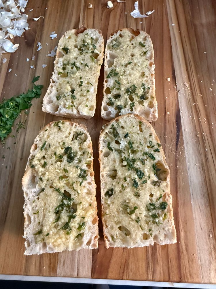 Pre-baked garlic bread…vegan and on sourdough- not gray and seems to hold butter